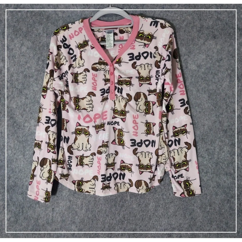 Grumpy Cat Pink Crystal Nope‎ Fleece Pajama Top Small S 4-6 Henley Long Sleeve